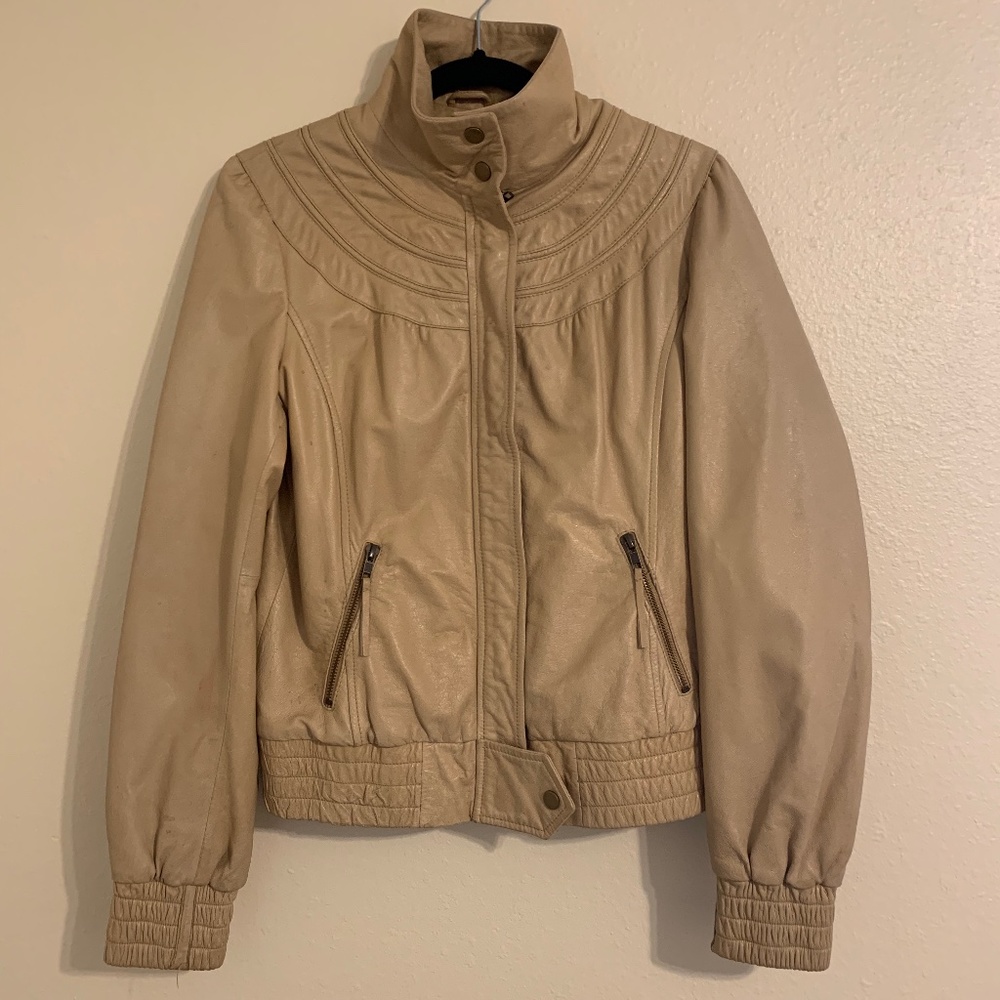 Anthropologie Tan Idra Leather Bomber- pink star lining